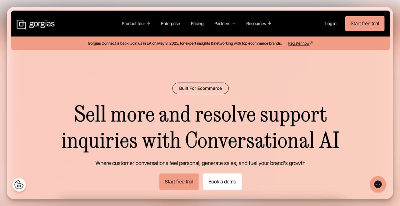Gorgias ecommerce live chat platform promoting conversational AI for resolving support tickets and increasing sales