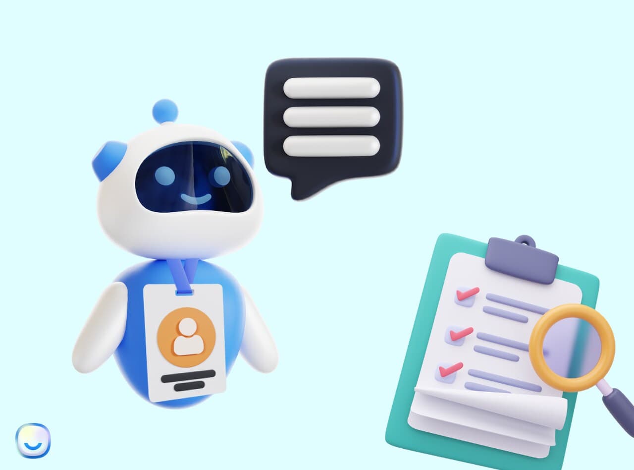 an AI chatbot with a name bagde on a fair blue background