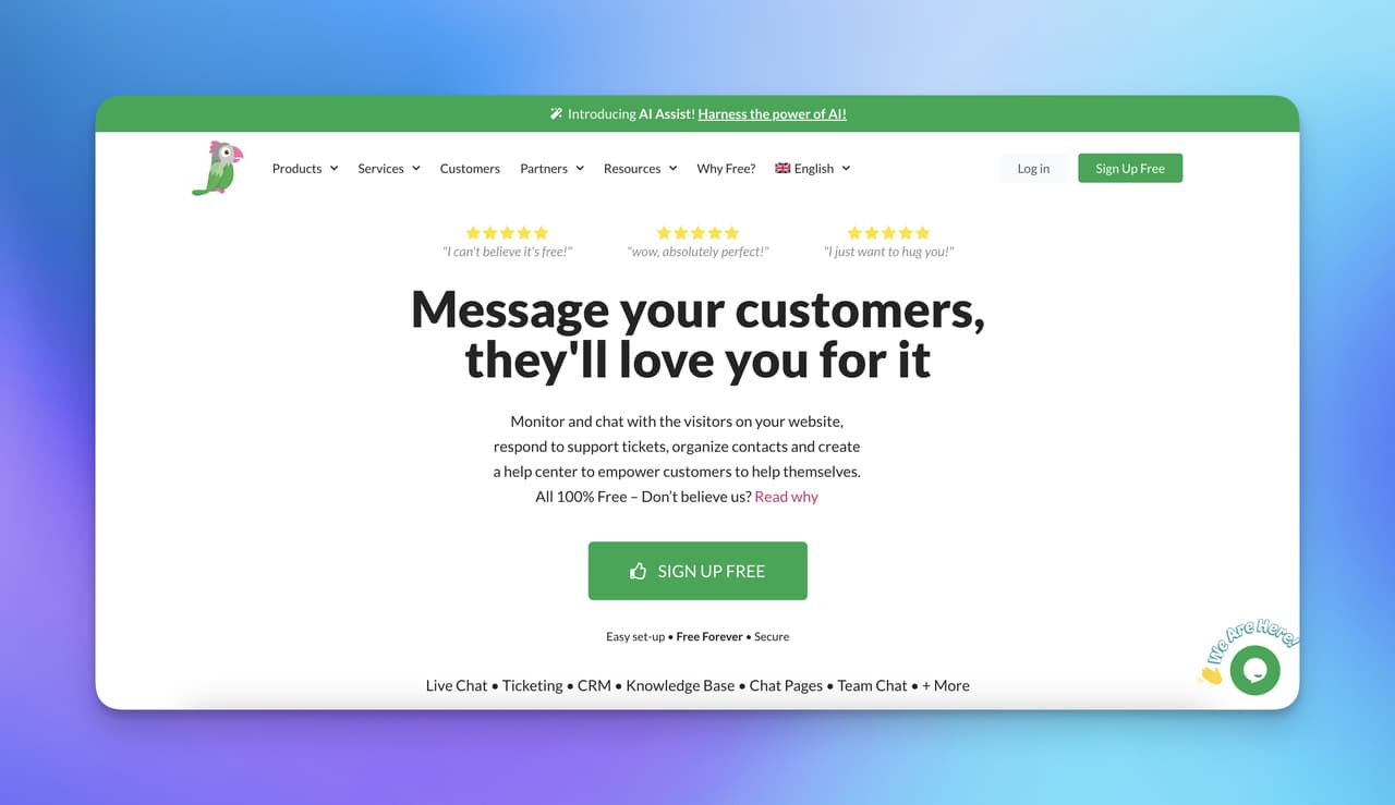 the homepage of Tawk.to which is a popular chat tool