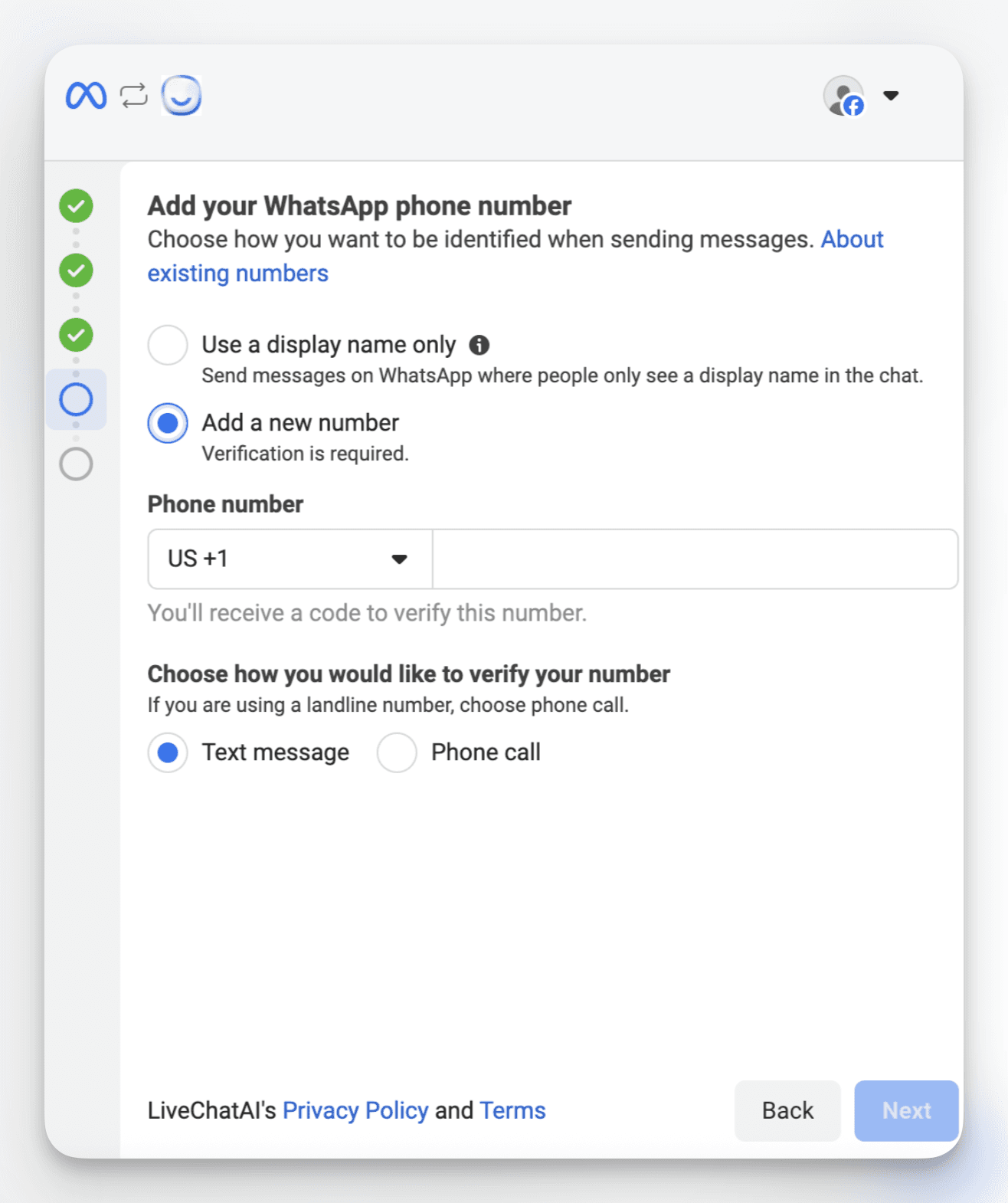 Step to add and verify a WhatsApp phone number in Meta Business setup, with options for text message or phone call verification.