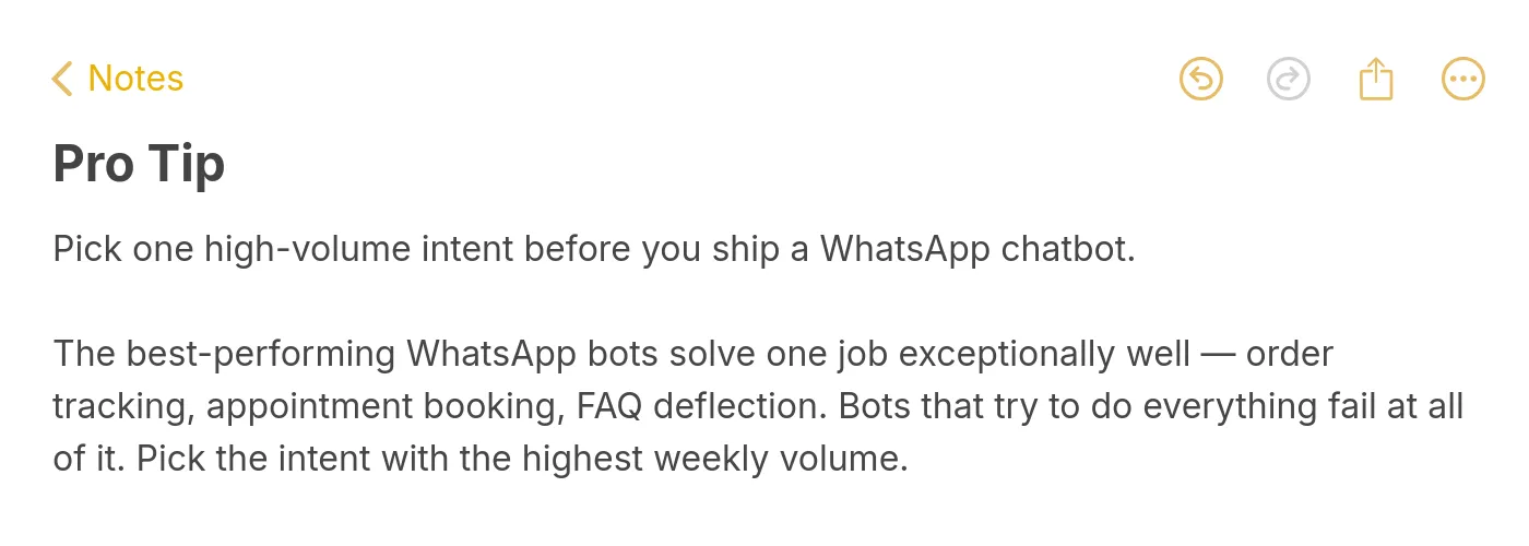 Pro tip note explaining that you should pick one high-volume intent before shipping a WhatsApp chatbot because the best-performing bots solve one job exceptionally well rather than trying to do everything