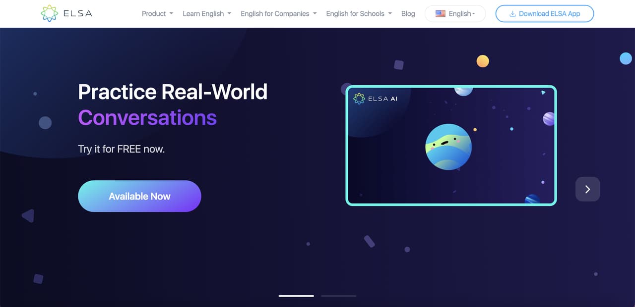 the homepage of ELSA Speak that helps education