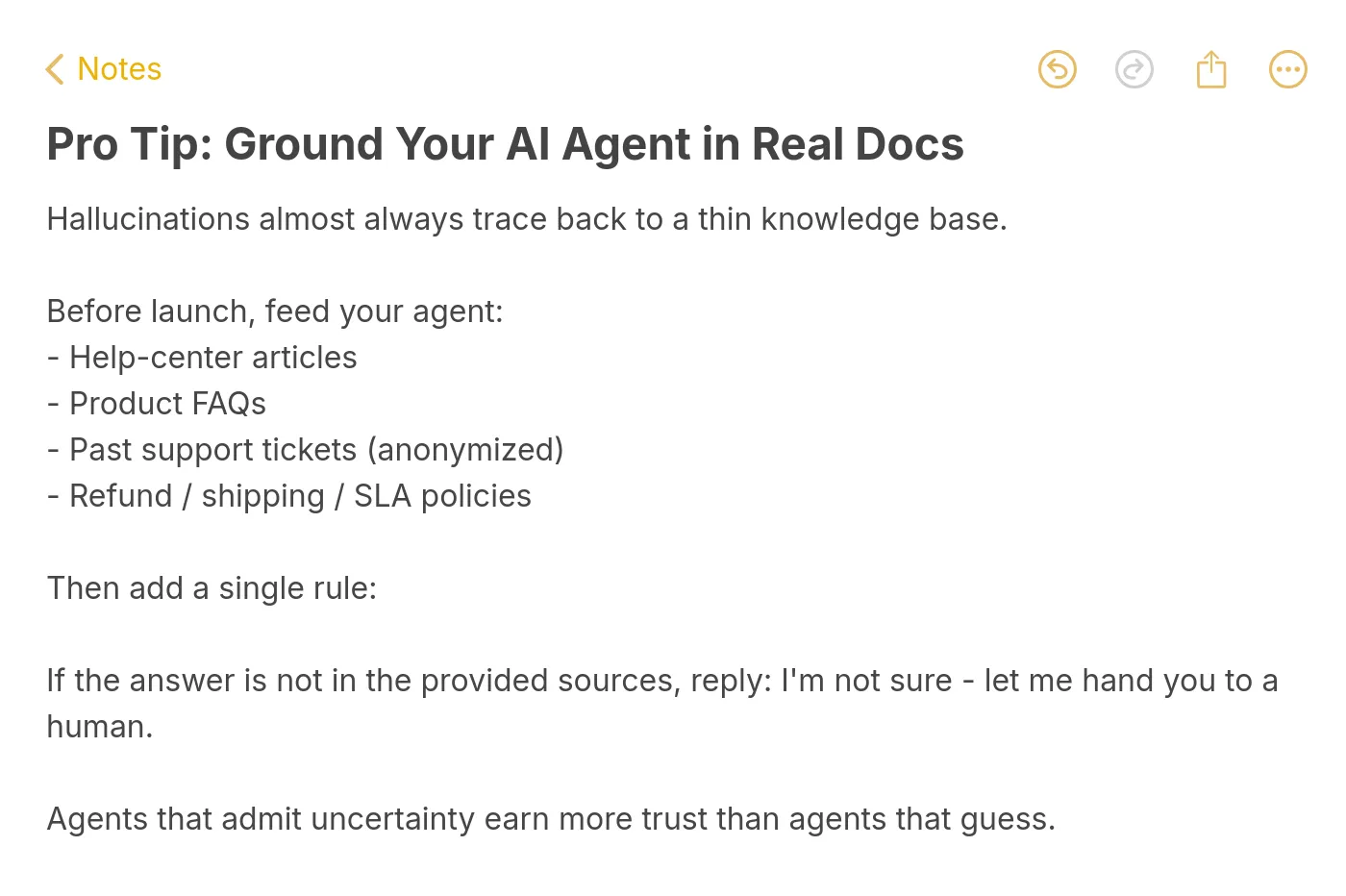 Pro tip note explaining how to ground an AI support agent in real help-center docs, FAQs, anonymized tickets and policies, plus a fallback rule that hands uncertain answers to a human