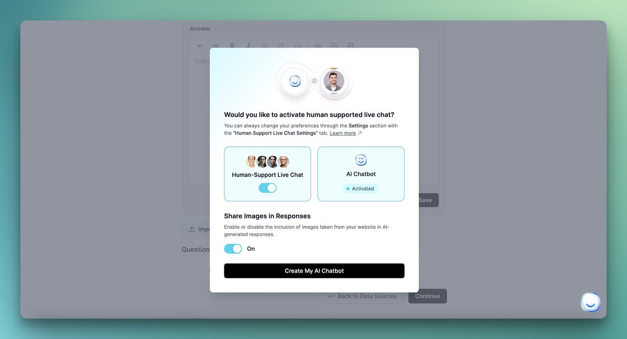 the human support modal for activating live chat