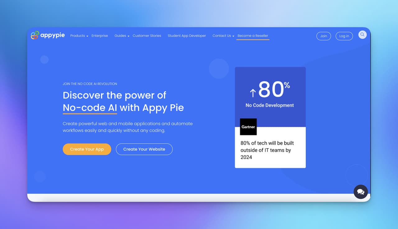 the homepage of Appy Pie on a blue background