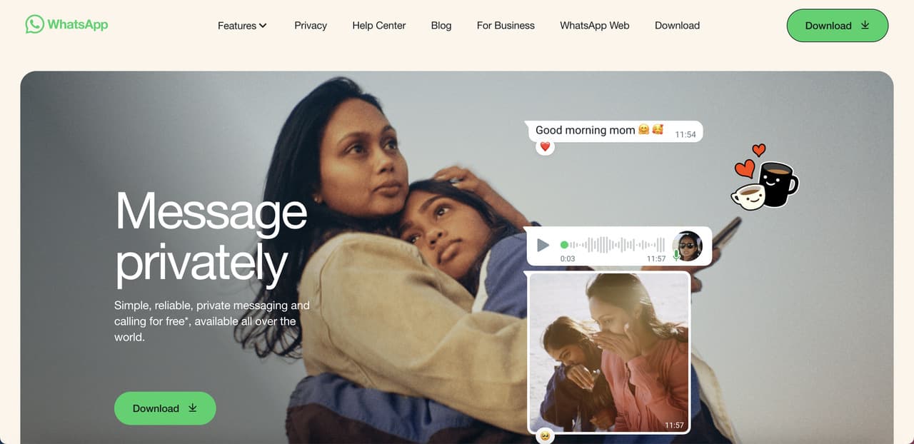 the homepage of WhatsApp which is a very popular platform to communicate