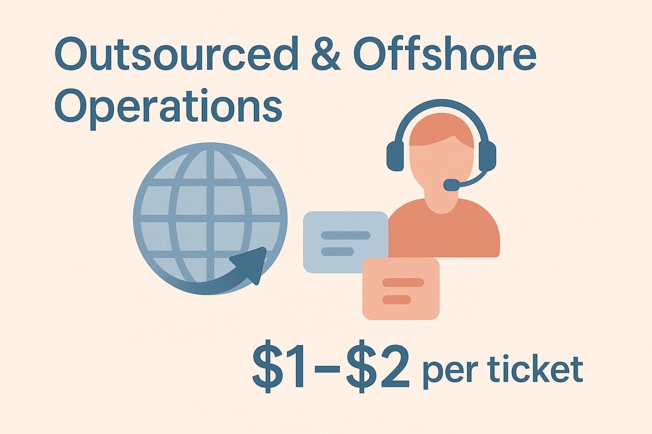 Global outsourcing and offshore operations graphic featuring headset agent and globe icon, highlighting $1–$2 per ticket cost in soft pastel tones.