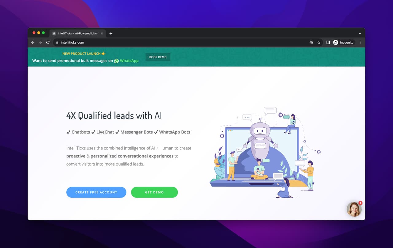 IntelliTicks homepage showing the lead-conversion AI chatbot platform