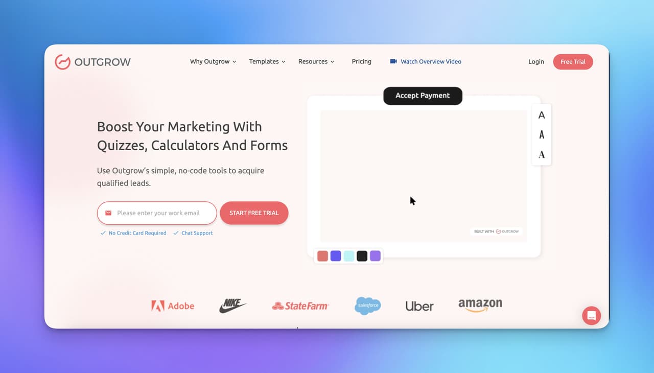 the homepage of Outgrow with a fair orange background