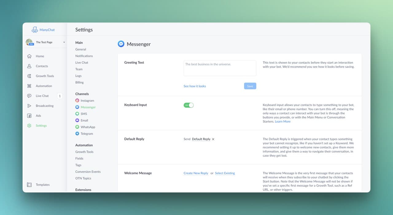ManyChat settings dashboard showing automation workflow builder