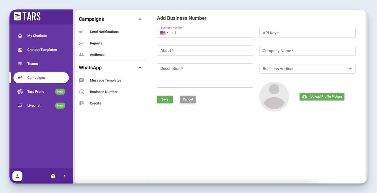 Tars WhatsApp campaign dashboard for adding business number and configuring messaging templates