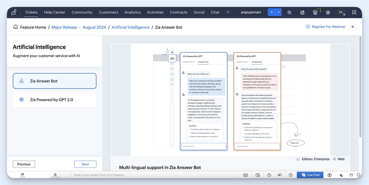 Freshdesk alternative: Zoho Desk's Zia AI surfaces context and suggested replies for agents