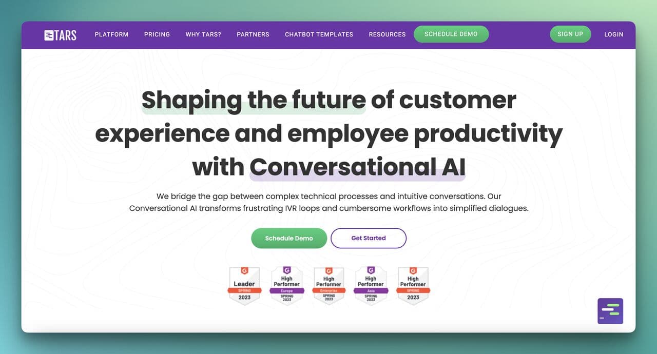 TARS homepage showing conversational AI platform for enterprise customer service and IVR replacement