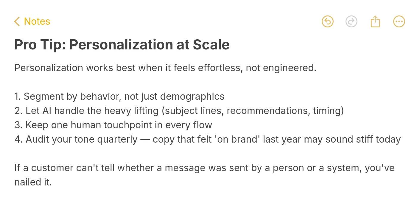 Apple Notes screenshot sharing a pro tip on scaling personalization without losing the human touch — segment by behavior, let AI handle subject lines, keep one human touchpoint, audit tone quarterly