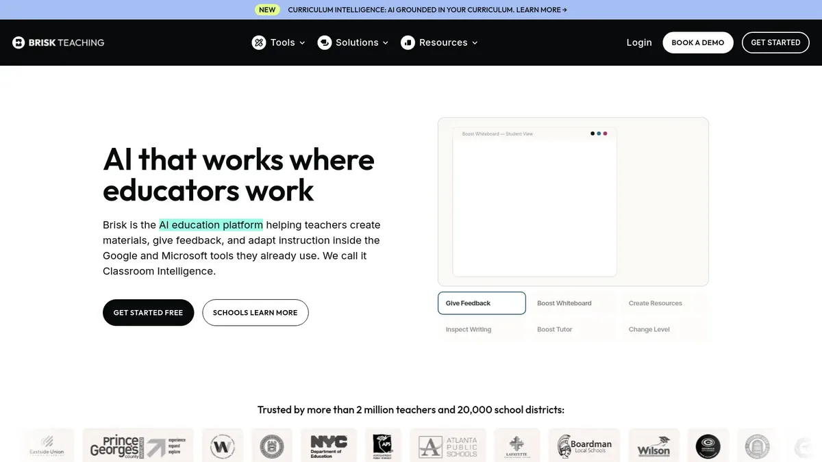 Brisk Teaching homepage promoting AI that works where educators work inside Google and Microsoft tools