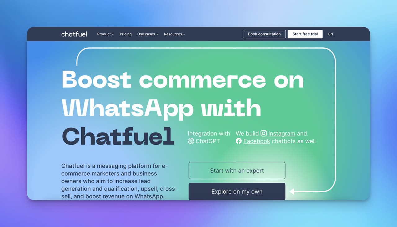 the homepage of Chatfuel with grande font size