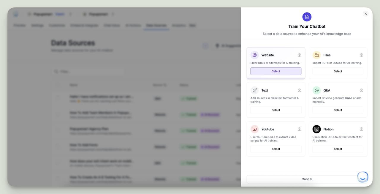Select data sources to train your Shopify AI chatbot with LiveChatAI, including website URLs, PDFs, CSV Q&A, and YouTube content.