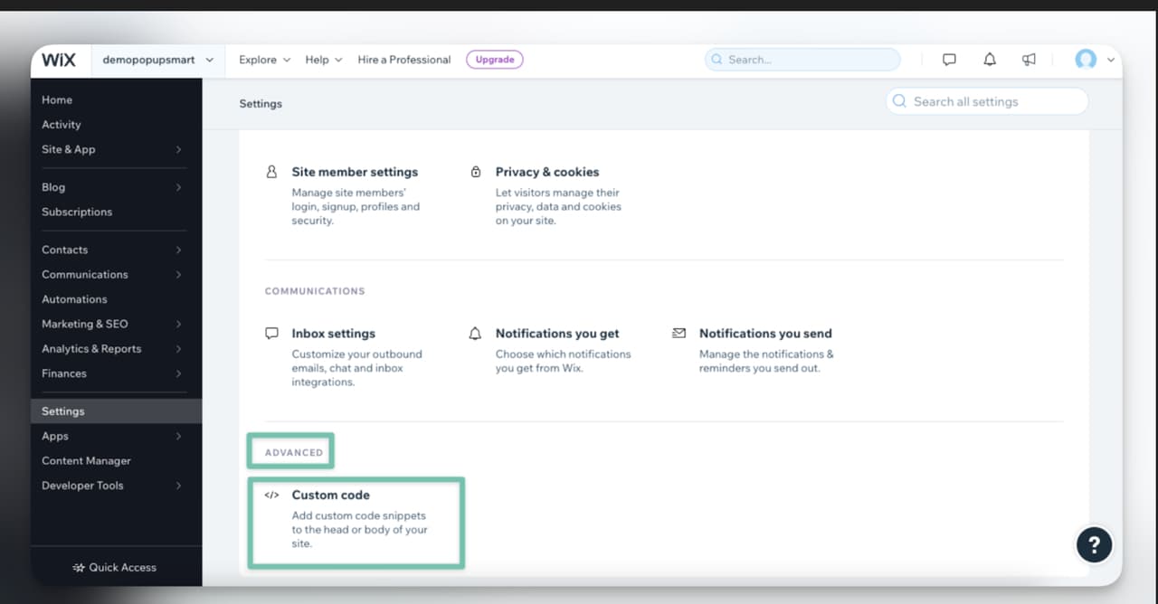 Navigating to the custom code section in Wix settings to embed the Wix AI Agent.