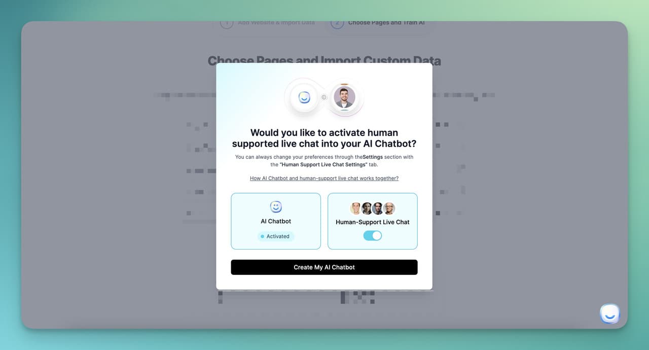 the modal to toggle on the human supported live chat