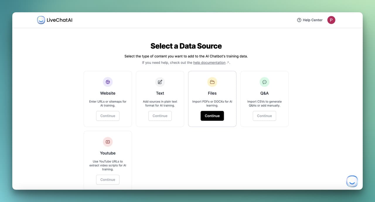 selecting data source on LiveChatAI