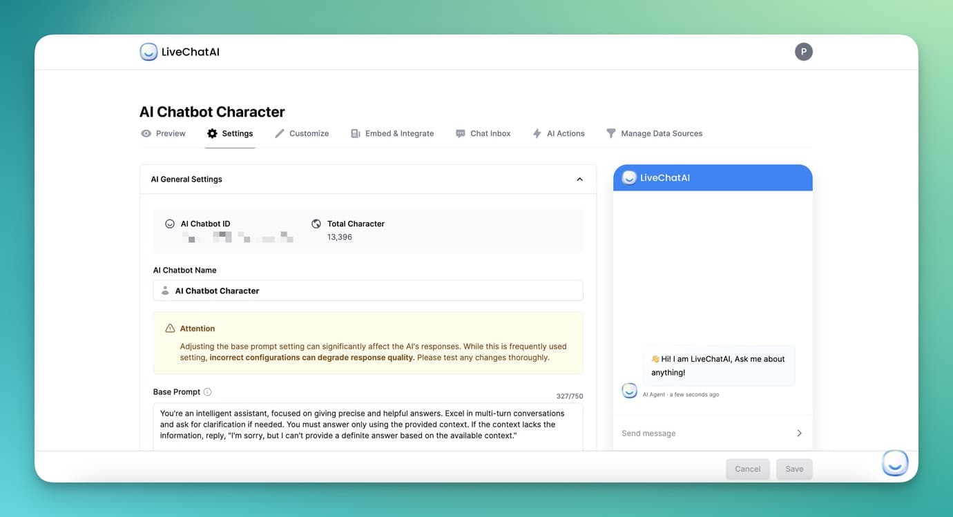 the settings section on LiveChatAI