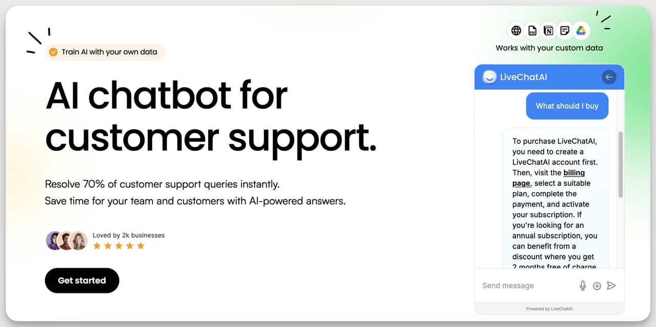 LiveChatAI website ai chatbot response example