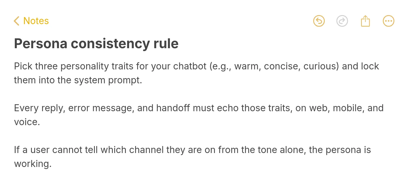 Apple Notes style pro-tip explaining the three-trait persona consistency rule for chatbots across web, mobile, and voice