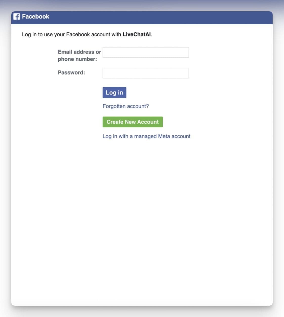 Facebook login screen prompting user to sign in with their Meta account to authorize LiveChatAI for WhatsApp Business integration.