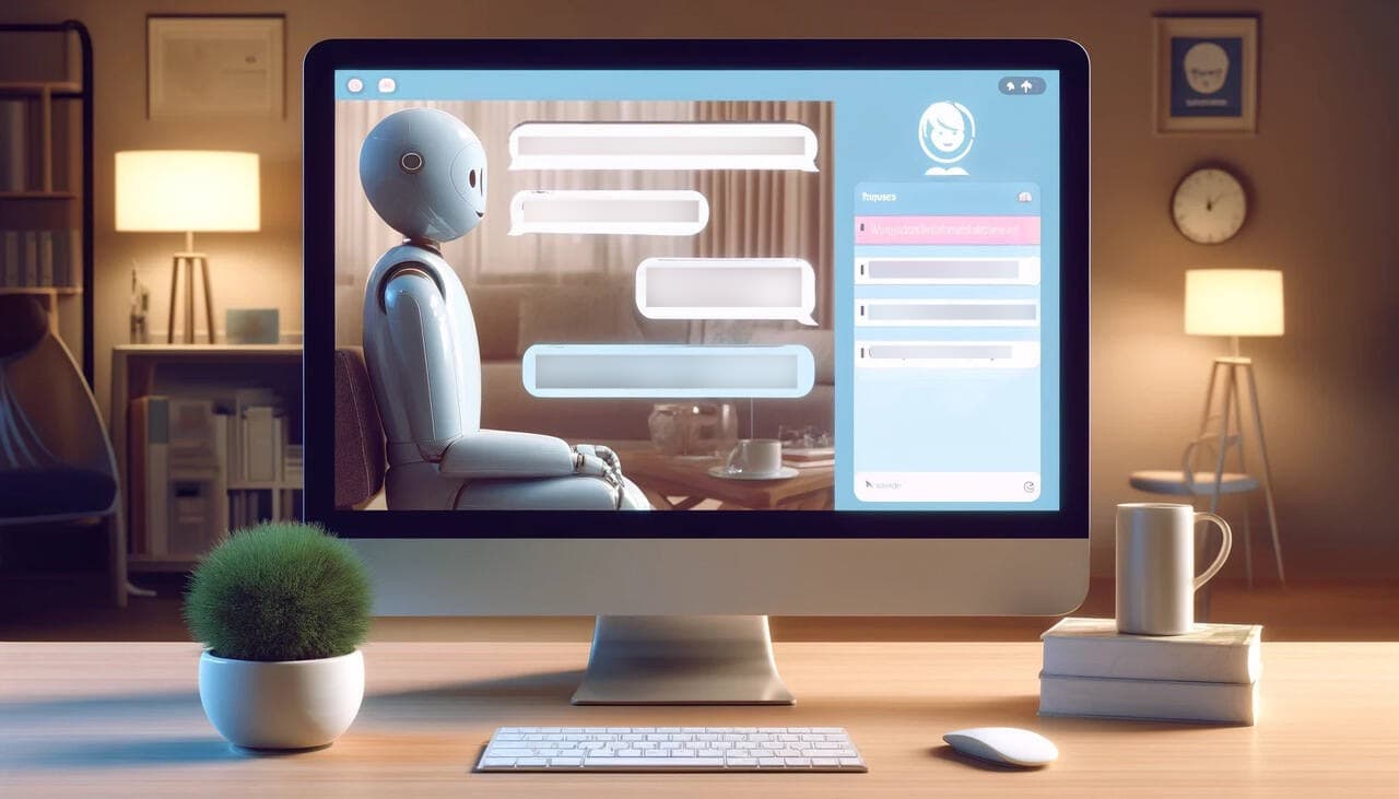 Conceptual illustration of an AI mental health chatbot supporting users through a conversational interface