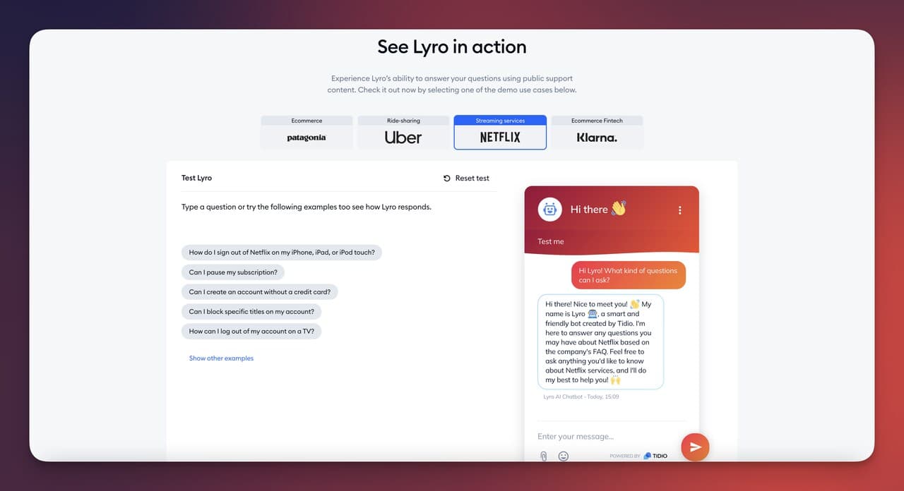 Lyro AI chatbot demo showing multilingual customer support conversation
