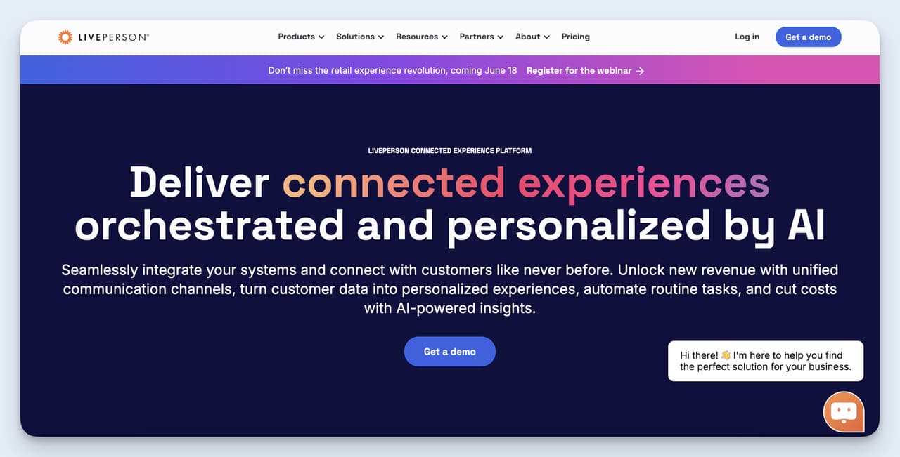 LivePerson homepage highlighting connected experiences and personalized AI-powered communication