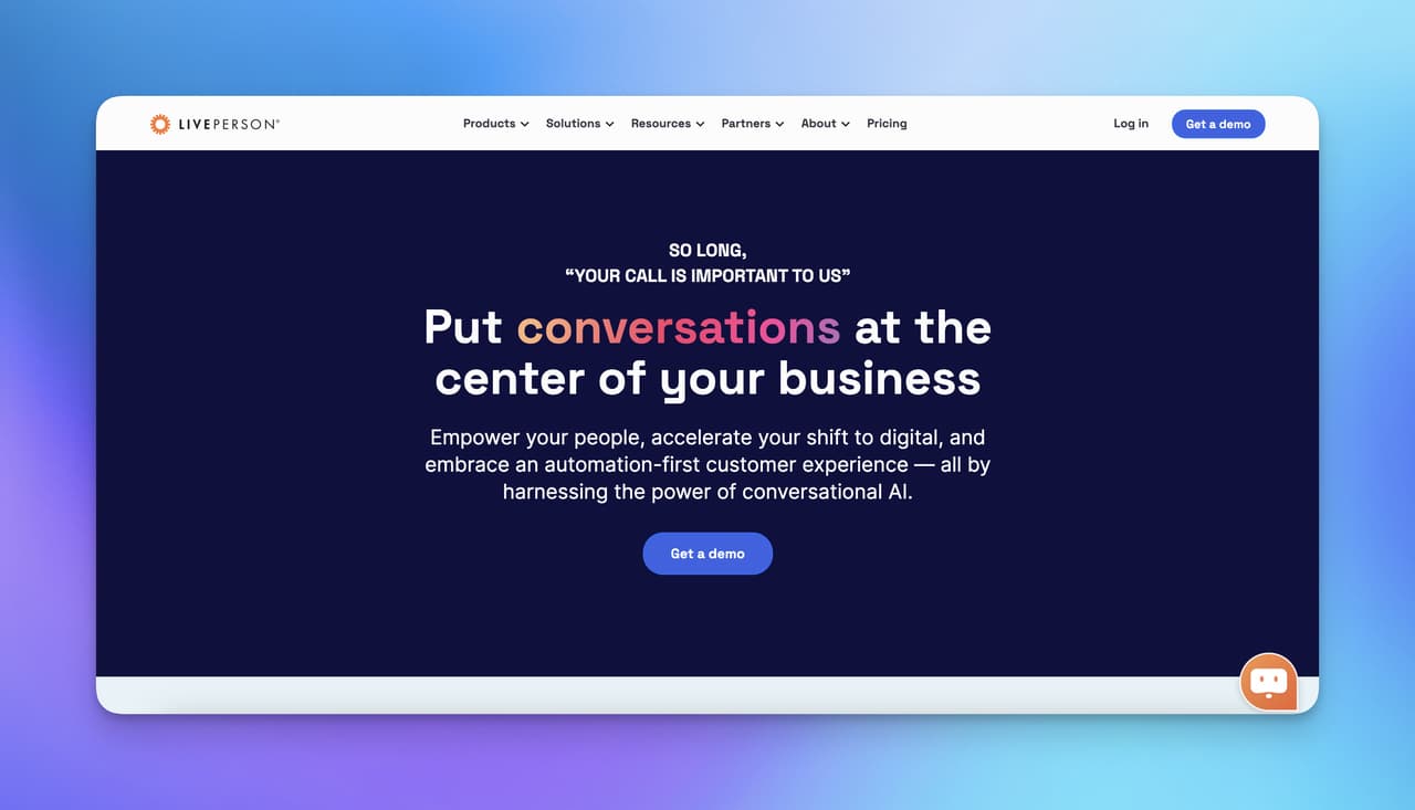 the homepage of LivePerson on a dark blue background only with a long explanation