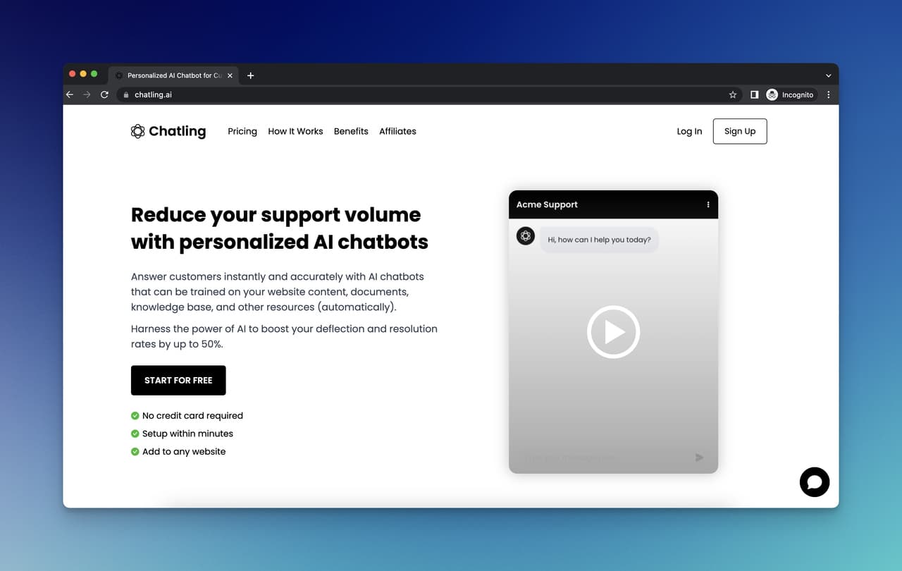 Chatling homepage with explanations and intro video for AI chatbot builder with multi-bot dashboard