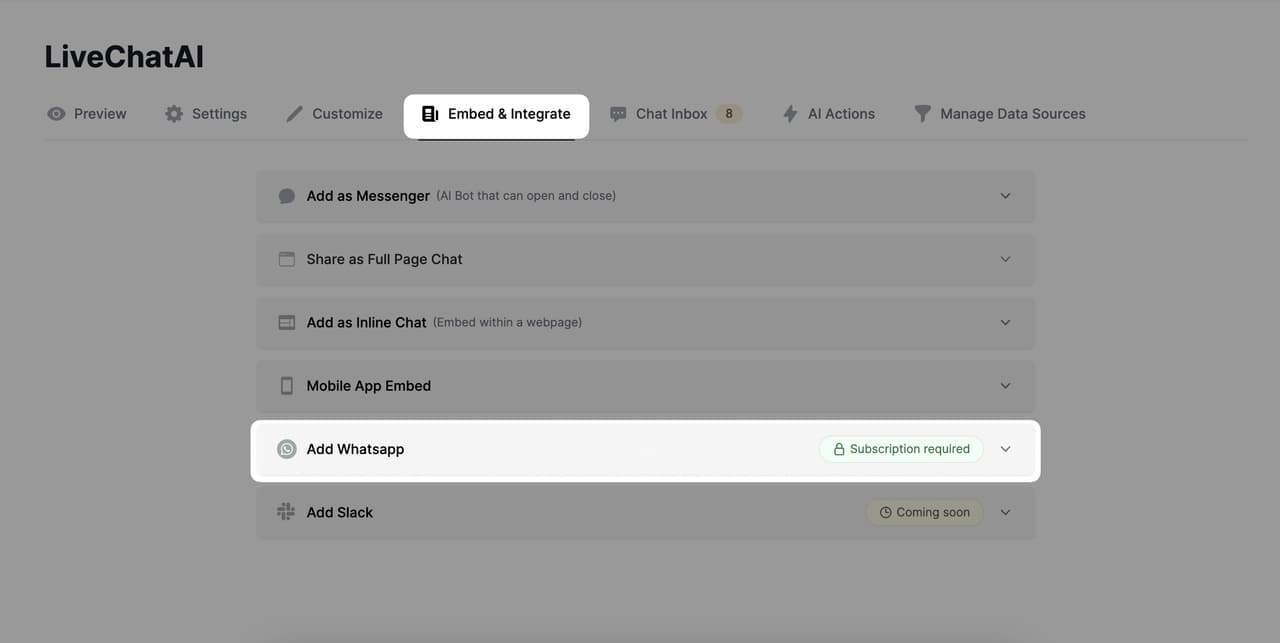Embed and Integrate tab on the LiveChatAI dashboard