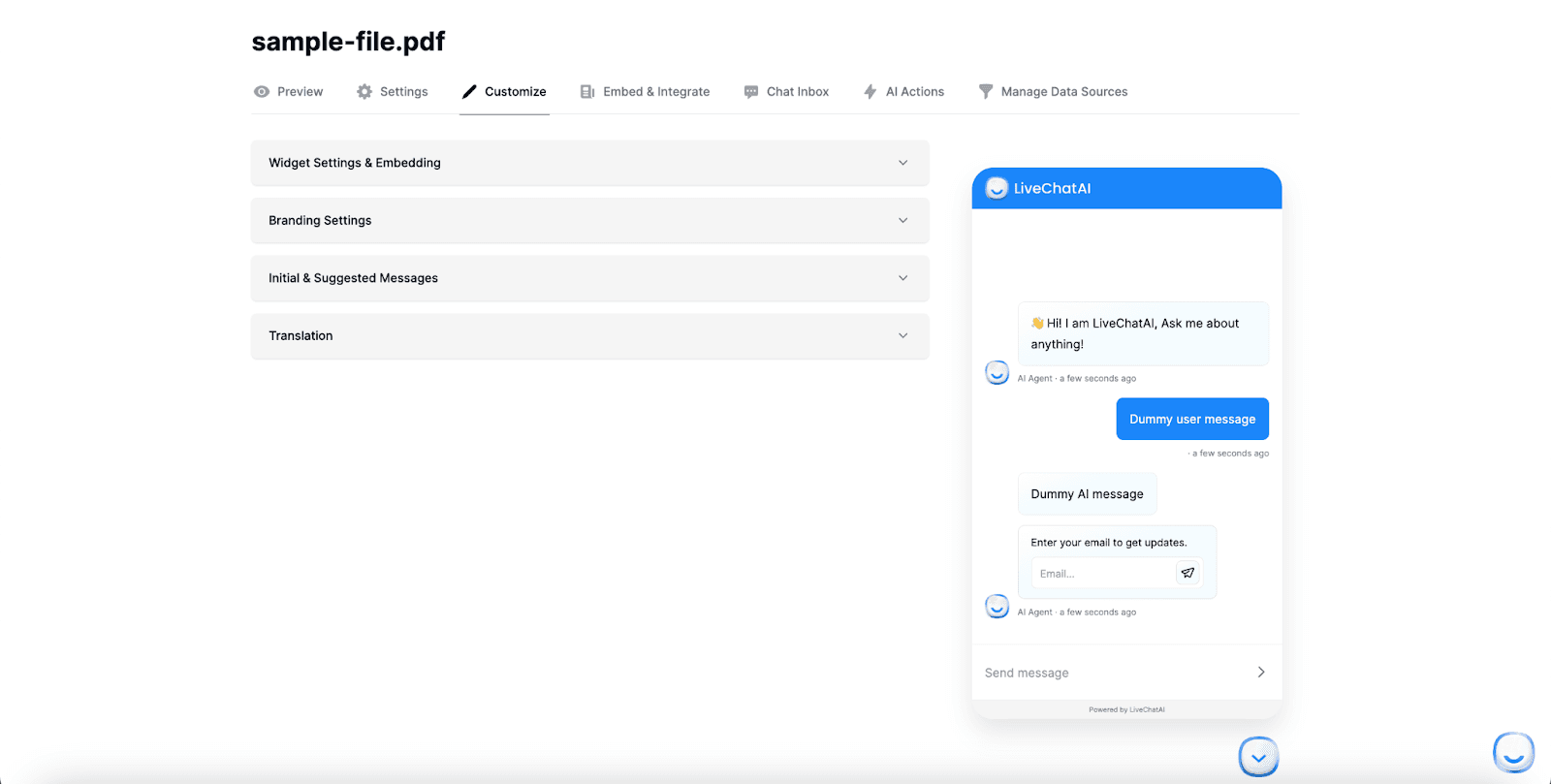 the Customize section of LiveChatAI
