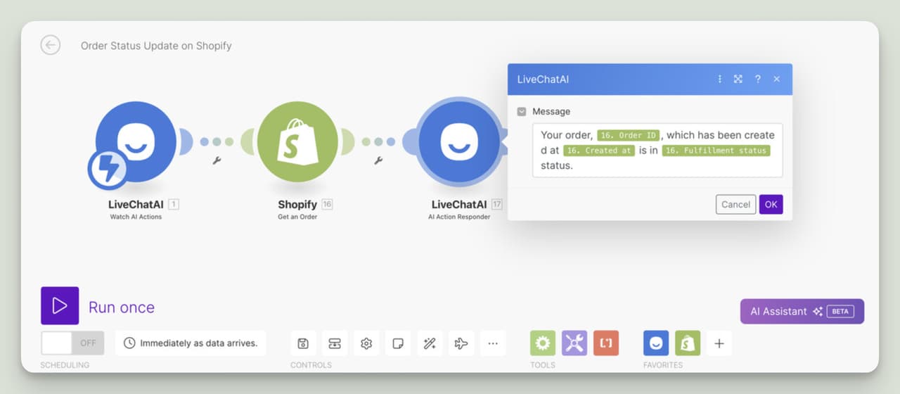 Customize AI chatbot responses in Make.com with order ID, creation date, and fulfillment status for Shopify customers.