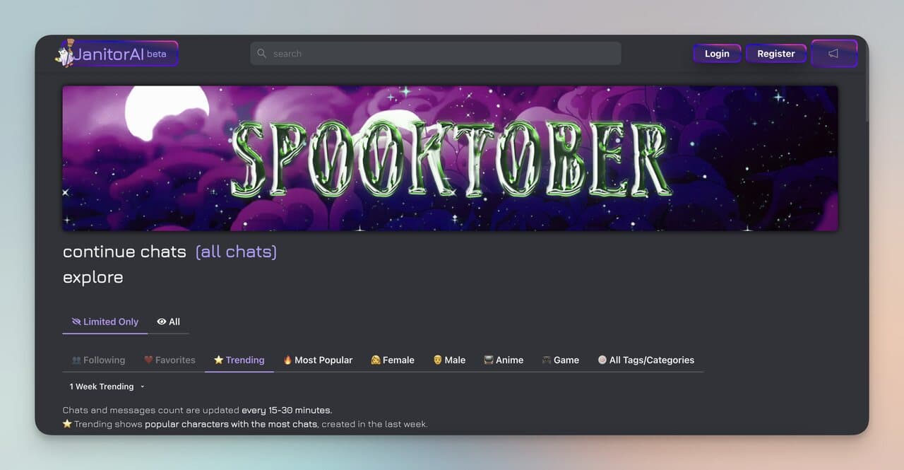 Janitor AI homepage in Beta version ready for the Halloween