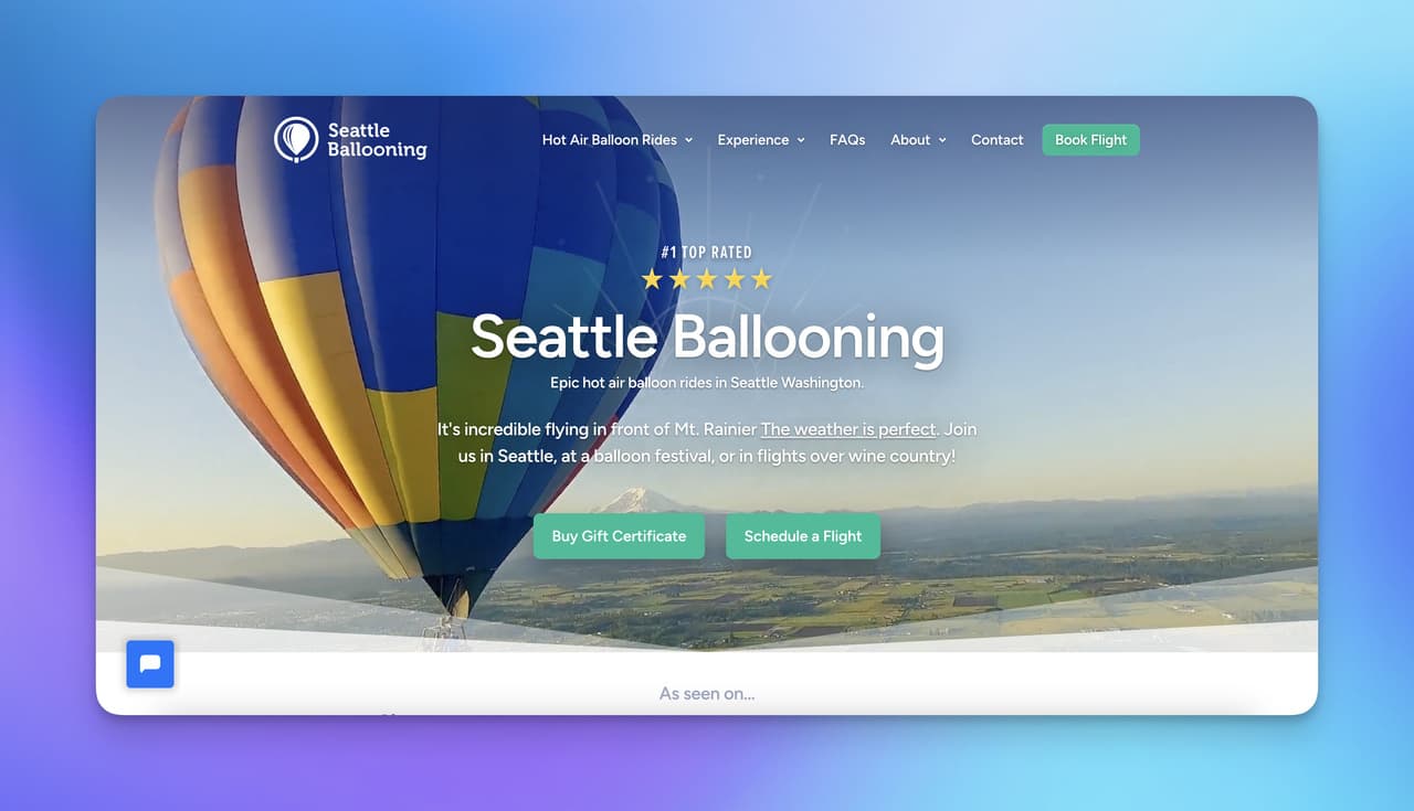 Seattle Ballooning homepage — case study of AI chatbot driving 98% customer satisfaction