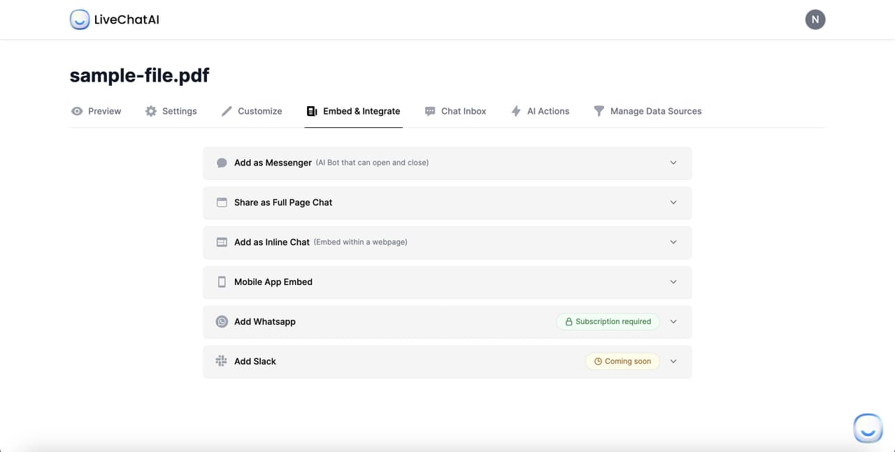 embed and integration options of LiveChatAI