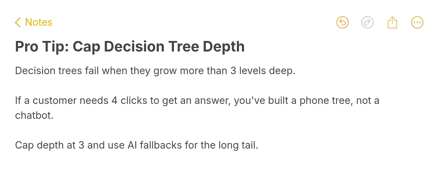 Pro tip note: cap chatbot decision trees at 3 levels deep and use AI fallbacks for the long tail