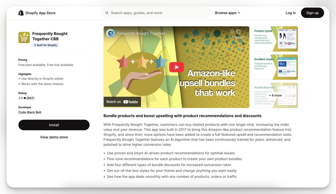 Shopify Product Recommendation App - Frequently Bought Together tool for Amazon-style AI bundles and upsells to increase average order value.