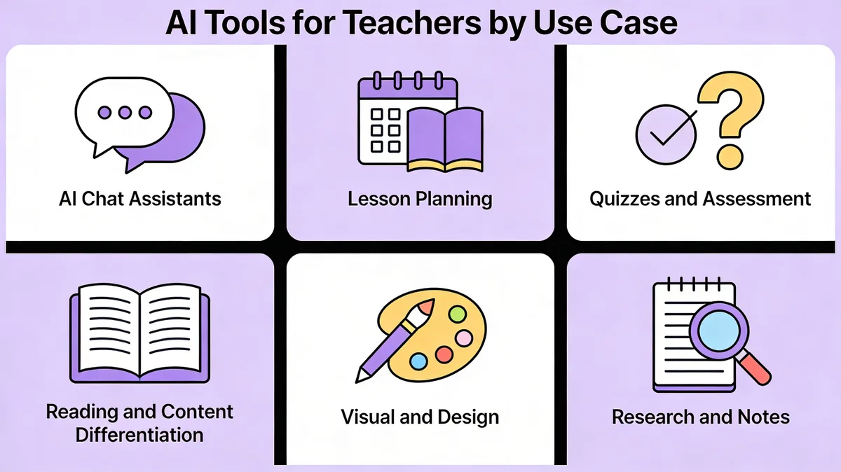 AI tools for teachers categorized infographic with six use-case groups for classroom productivity