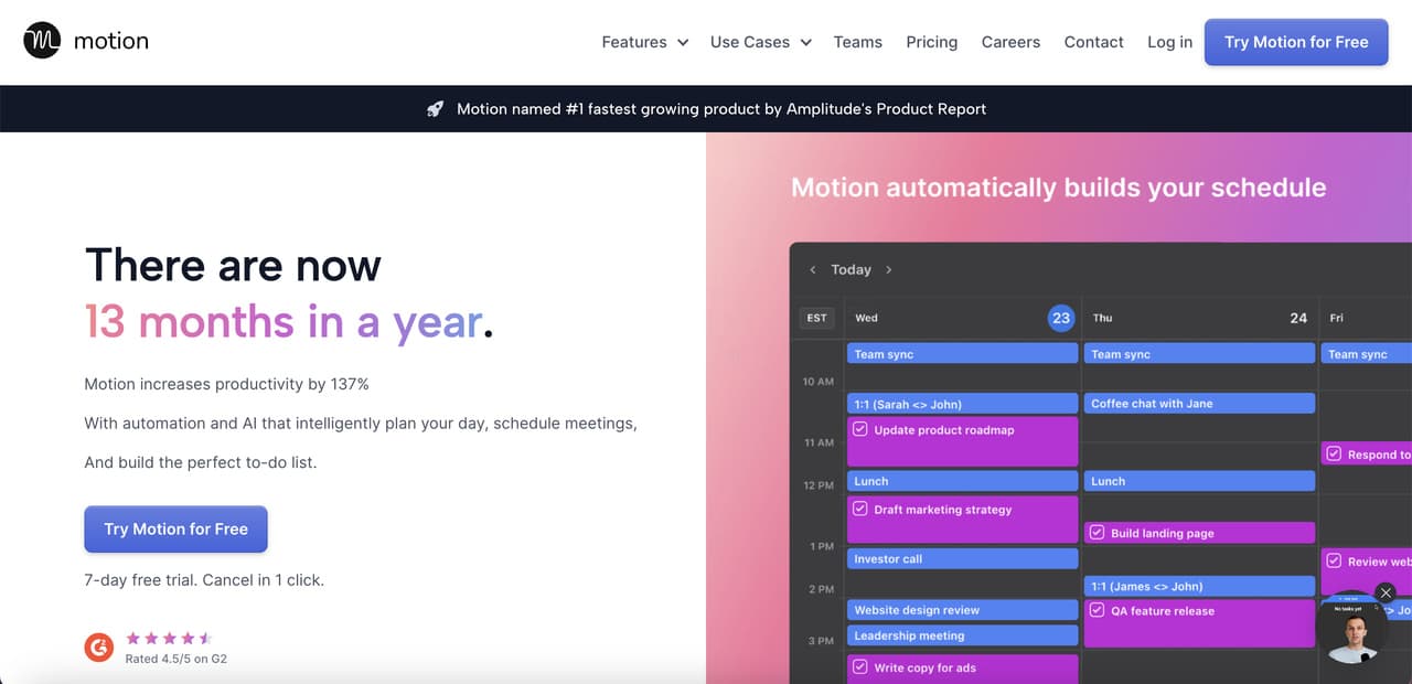 Motion's homepage with an interactive interface