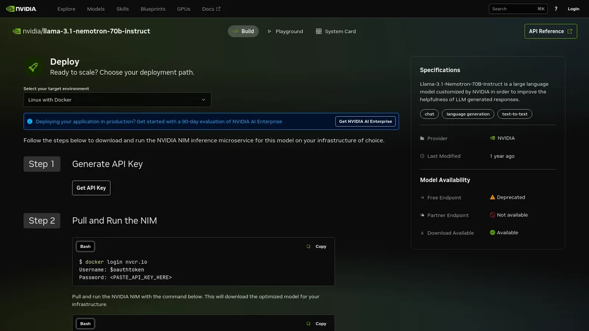 Nvidia Llama 3.1 Nemotron 70B Instruct model page on the Nvidia Build platform for deployment