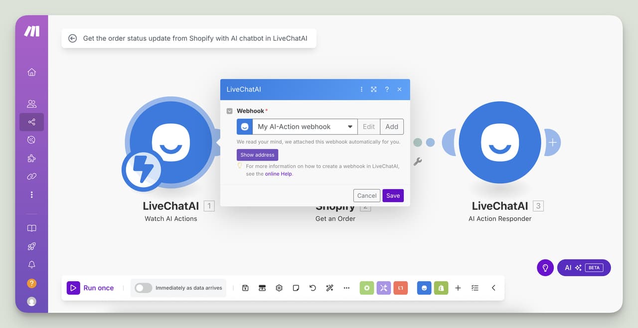 Configure Make.com scenario with LiveChatAI and Shopify modules to deliver real-time order tracking updates.