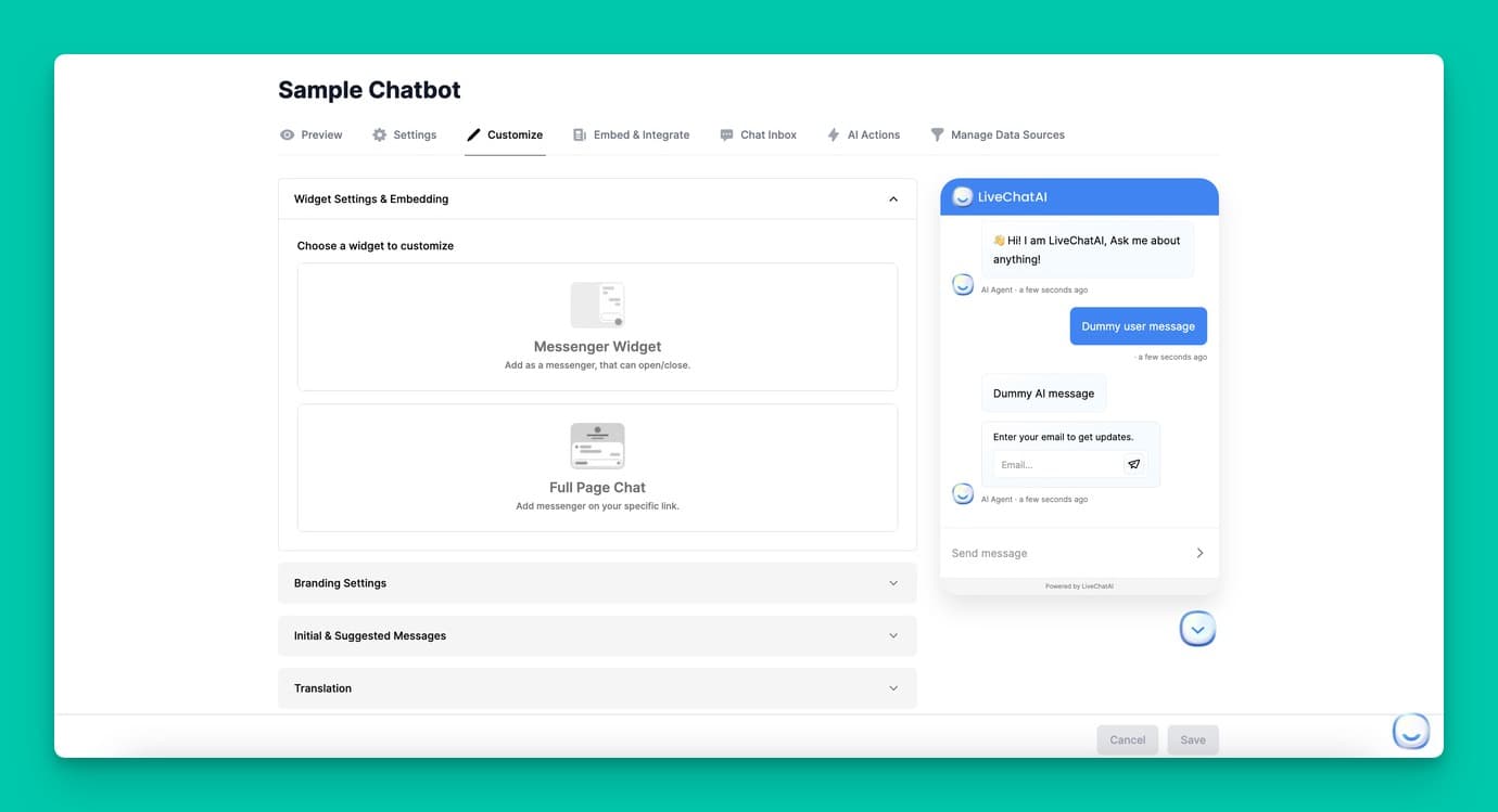 Customize the chatbot design in LiveChatAI
