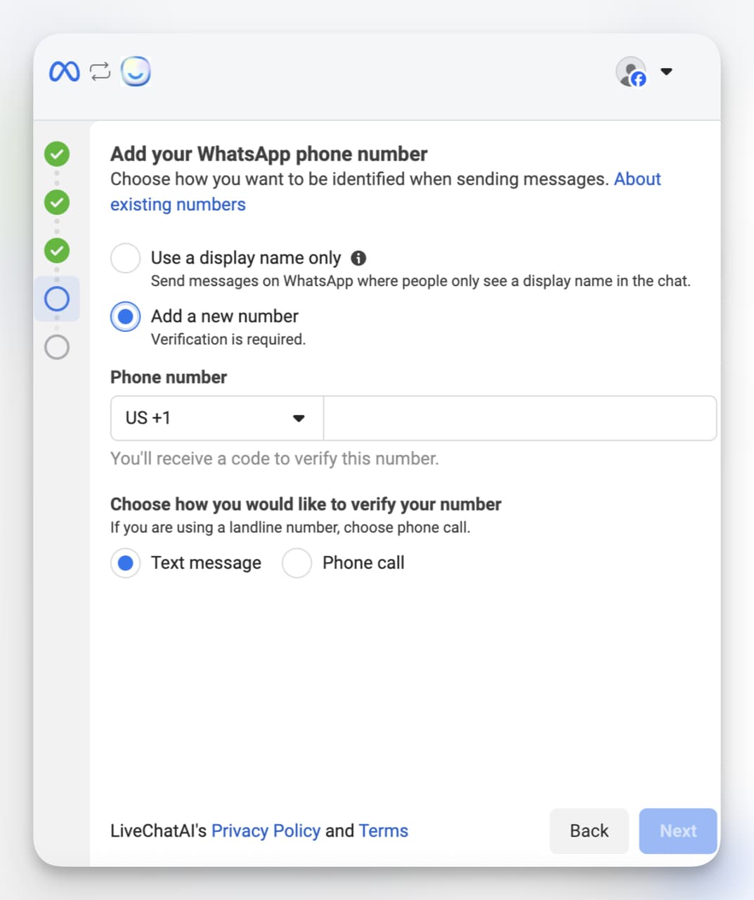 Meta Business verification screen prompting the user to add and verify a WhatsApp Business phone number during LiveChatAI integration setup.