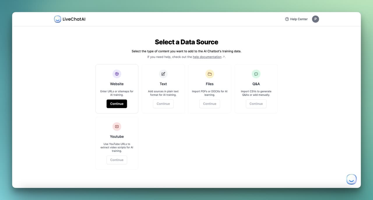 selecting data sources on LiveChatAI