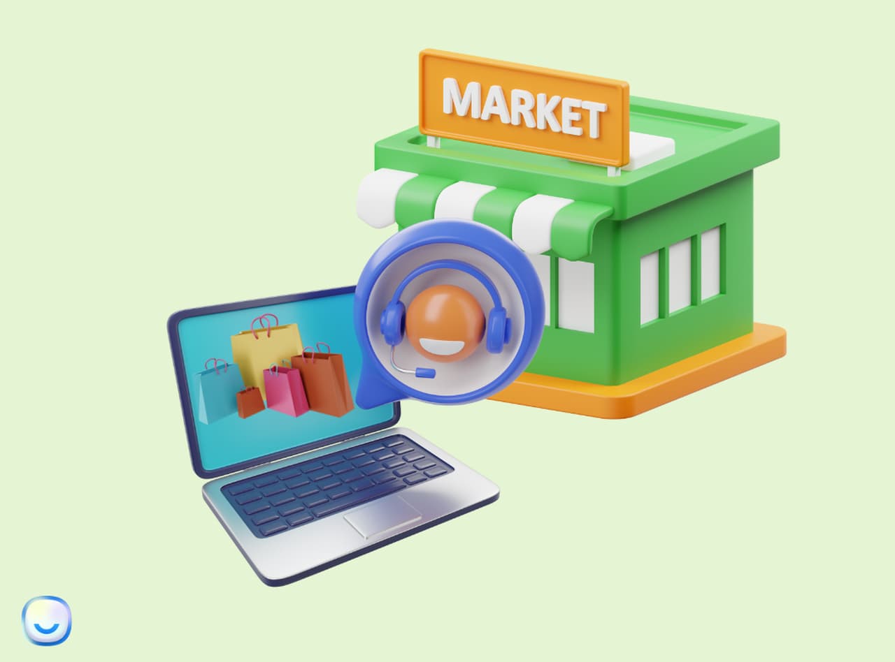 illustration of an AI chatbot for retail connecting a marketplace, laptop, and shopping bag