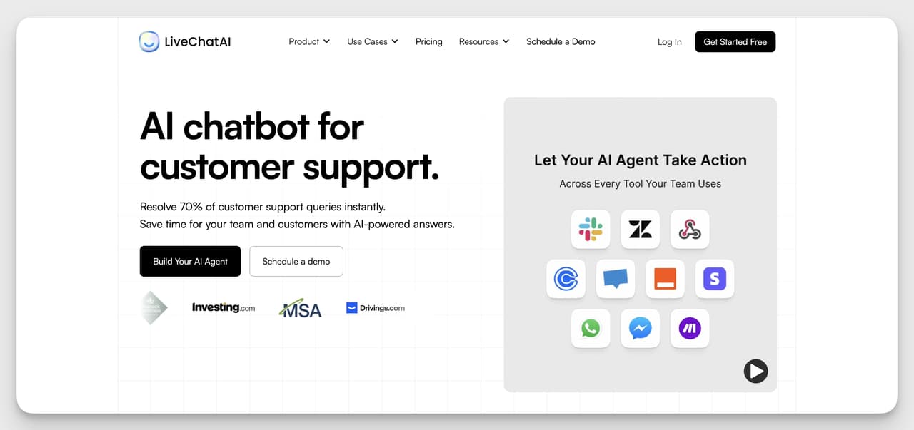 LiveChatAI homepage showing no-code AI chatbot builder for customer support and integrations with tools like Slack, Stripe, and Zapier.